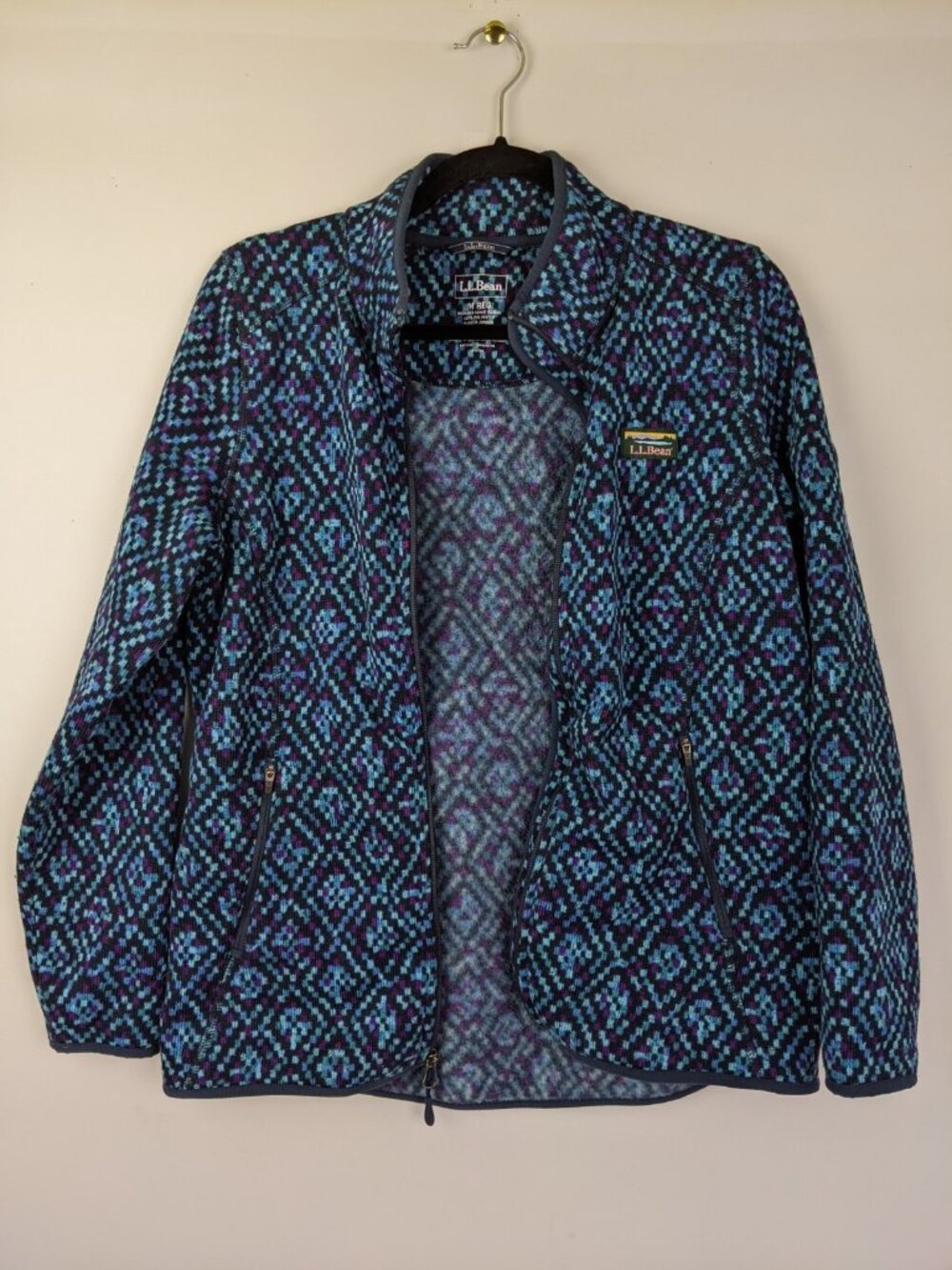 LL Bean Sweater Fleece Blue Geometric Diamond Full Zip Womens Size Medium